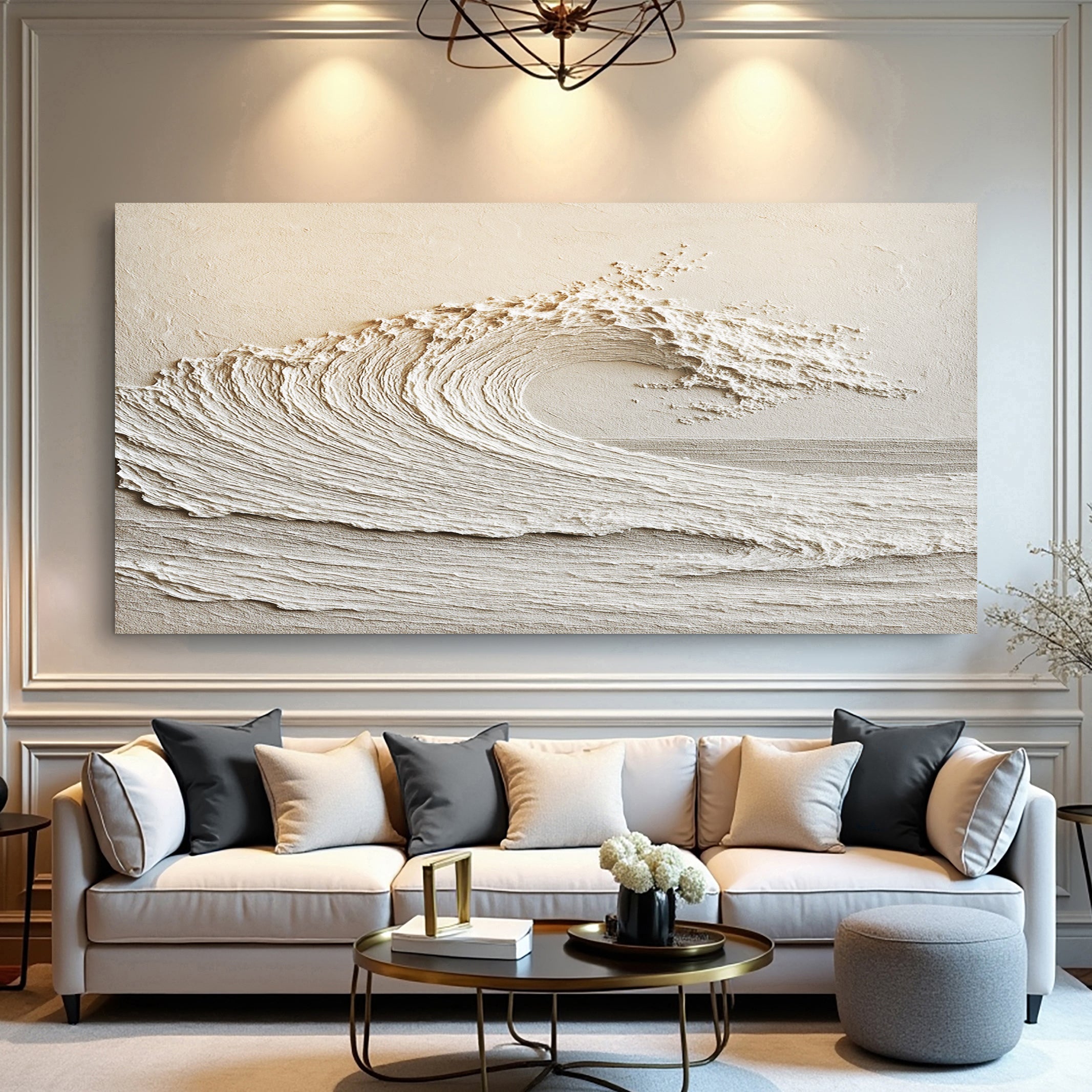 Modern living room with a large wave wall art above a sofa.