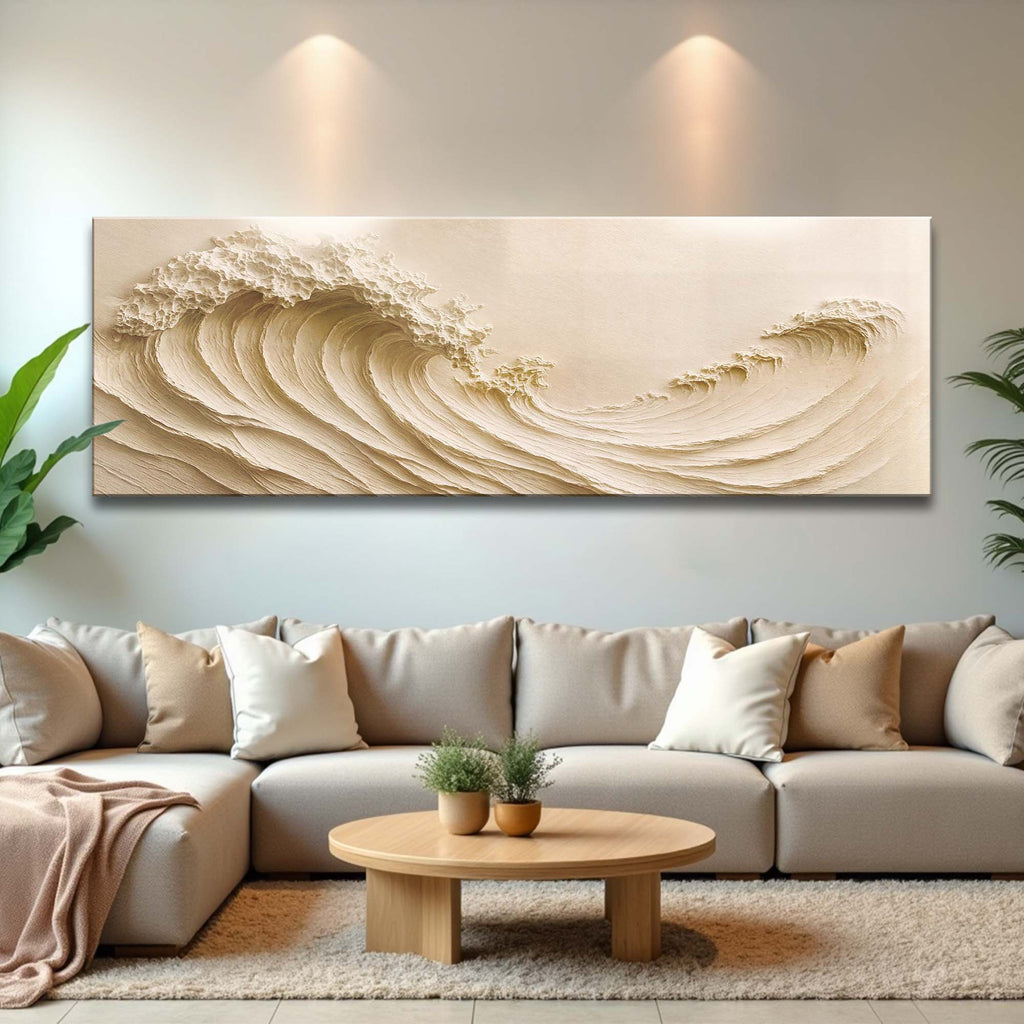 Living room with a large abstract wall art piece depicting waves.