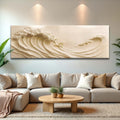 Living room with a large abstract wall art piece depicting waves.
