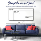 Framed art size chart with blue sofa and red pillows.