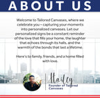 About Us  for Tailored Canvases with text and a cityscape background.