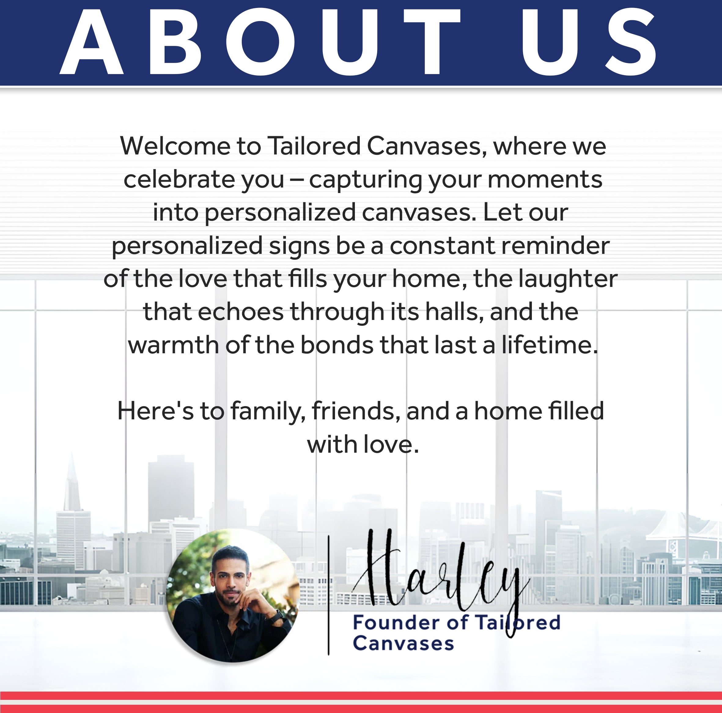 About Us for Tailored Canvases with text and a cityscape background.