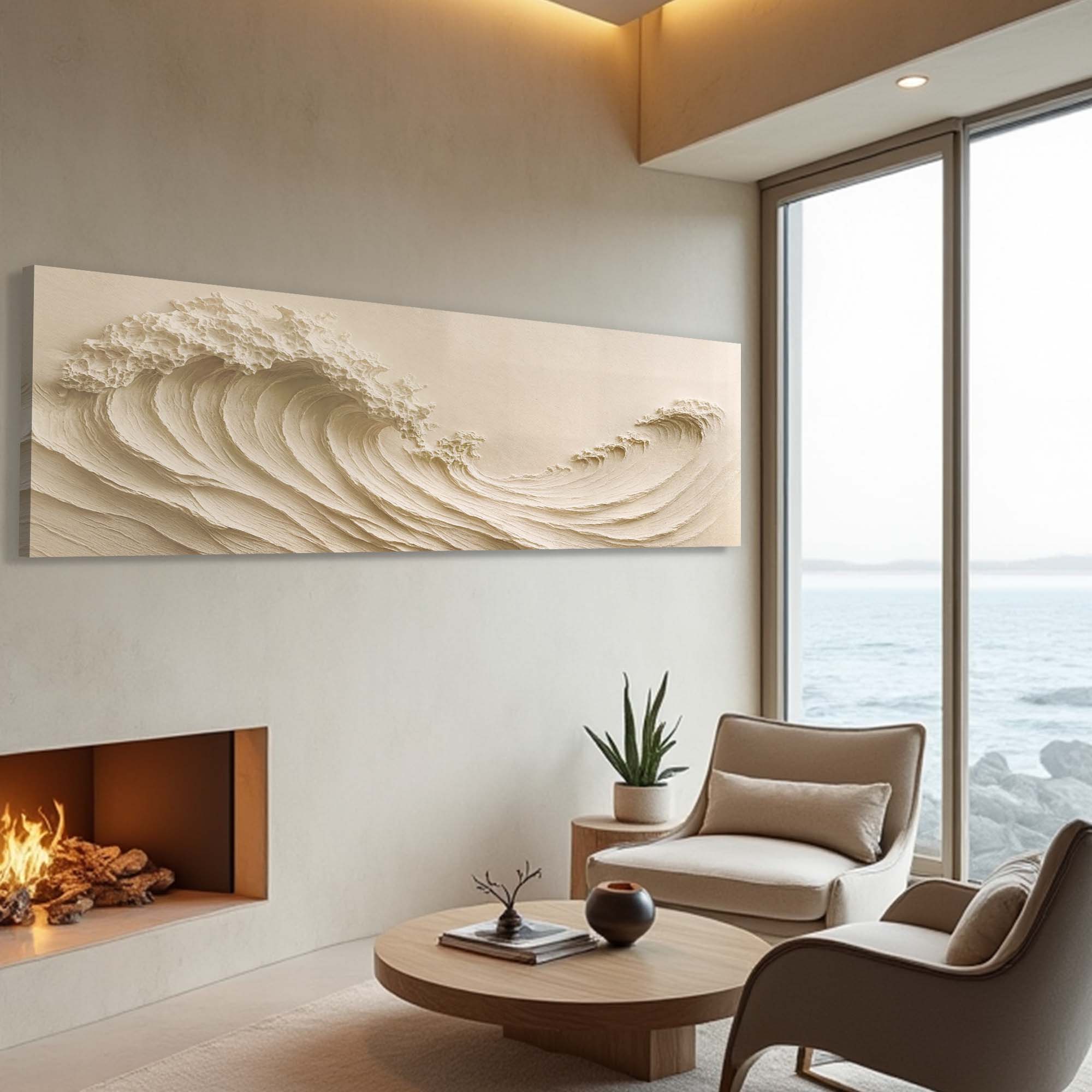 Modern living room with a large abstract wall art piece of waves, fireplace, and seating area.