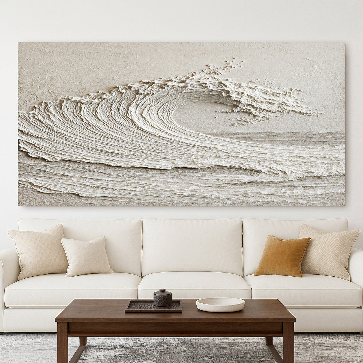 Abstract wall art of a wave above a white sofa with decorative pillows.