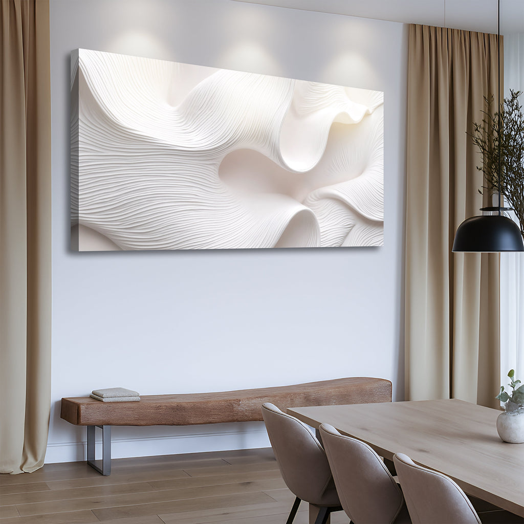 Modern interior with abstract wall art, wooden bench, and dining table.