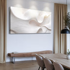 Modern interior with abstract wall art, wooden bench, and dining table.