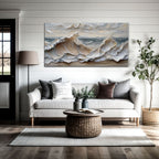 Living room with a large abstract painting of waves on the wall, a white sofa with pillows, and a coffee table.