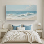 Bedroom with a large beach scene painting above the bed