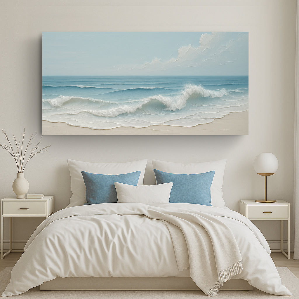Bedroom with a large beach scene painting above the bed