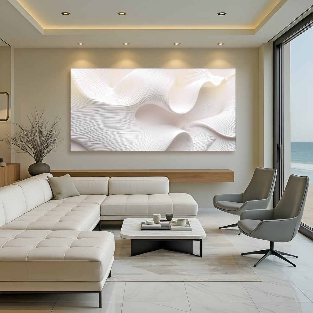 Modern living room with a large abstract wall art. 