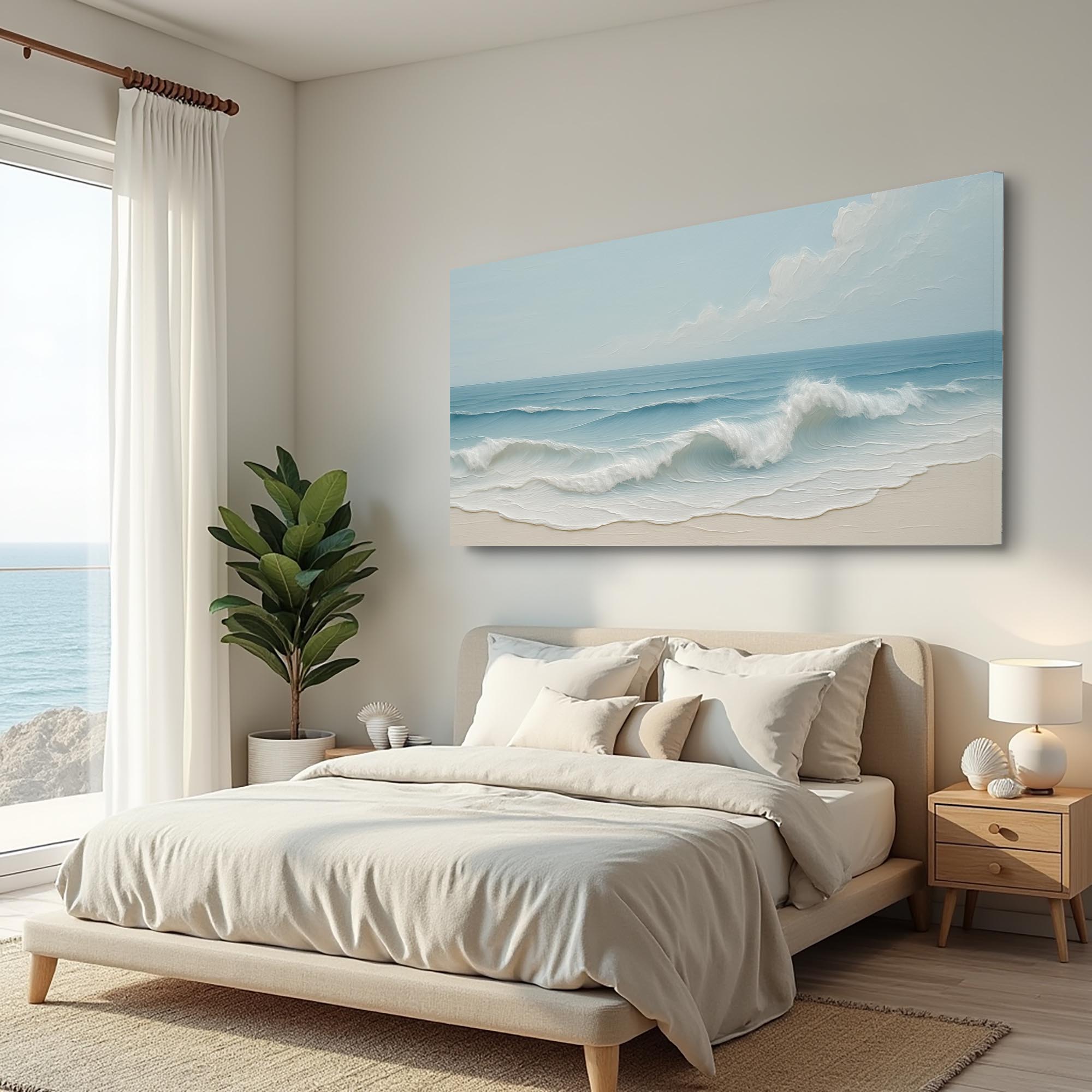 Beach-themed bedroom with a large painting of waves on the wall.