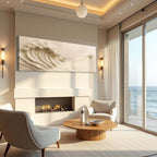 Modern living room with fireplace, abstract wall art of waves, and a view of the ocean.