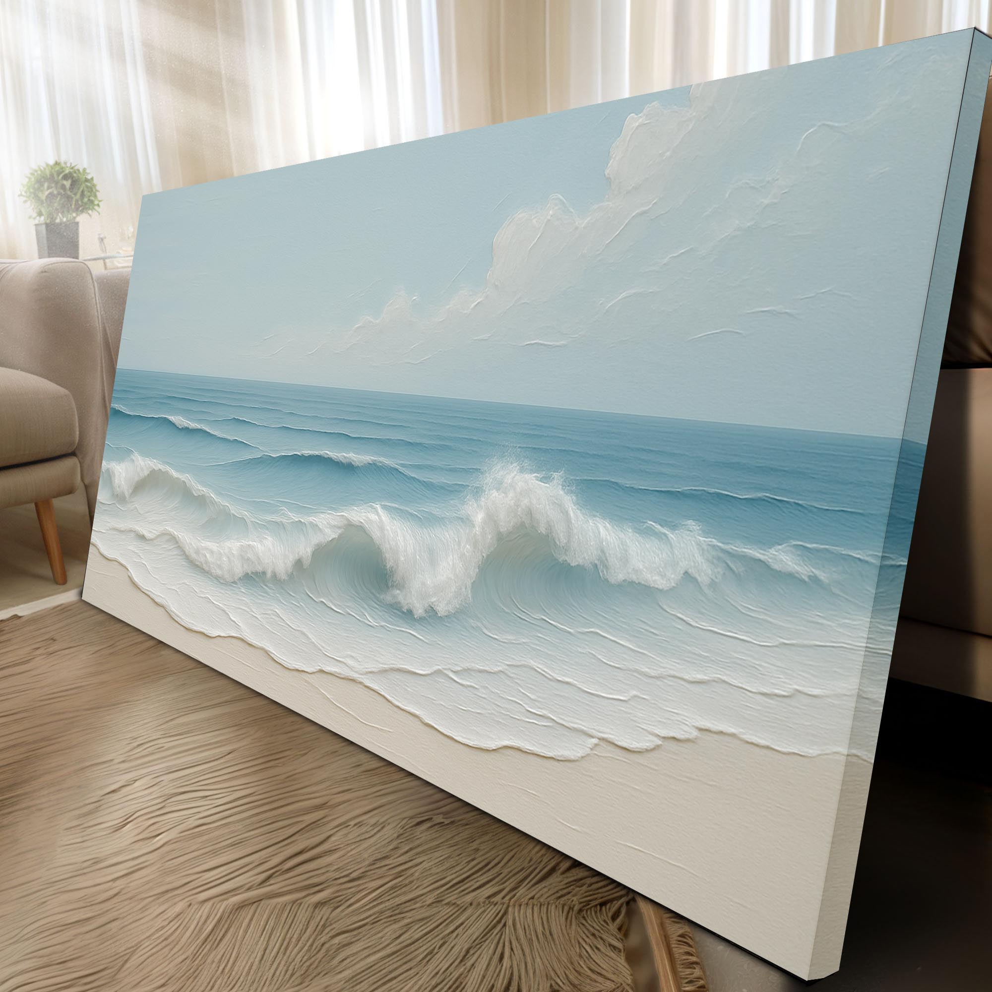 Canvas print of a beach scene with waves in a living room setting.