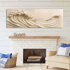 Living room with a fireplace, beach-themed artwork of waves, and decorative pillows.