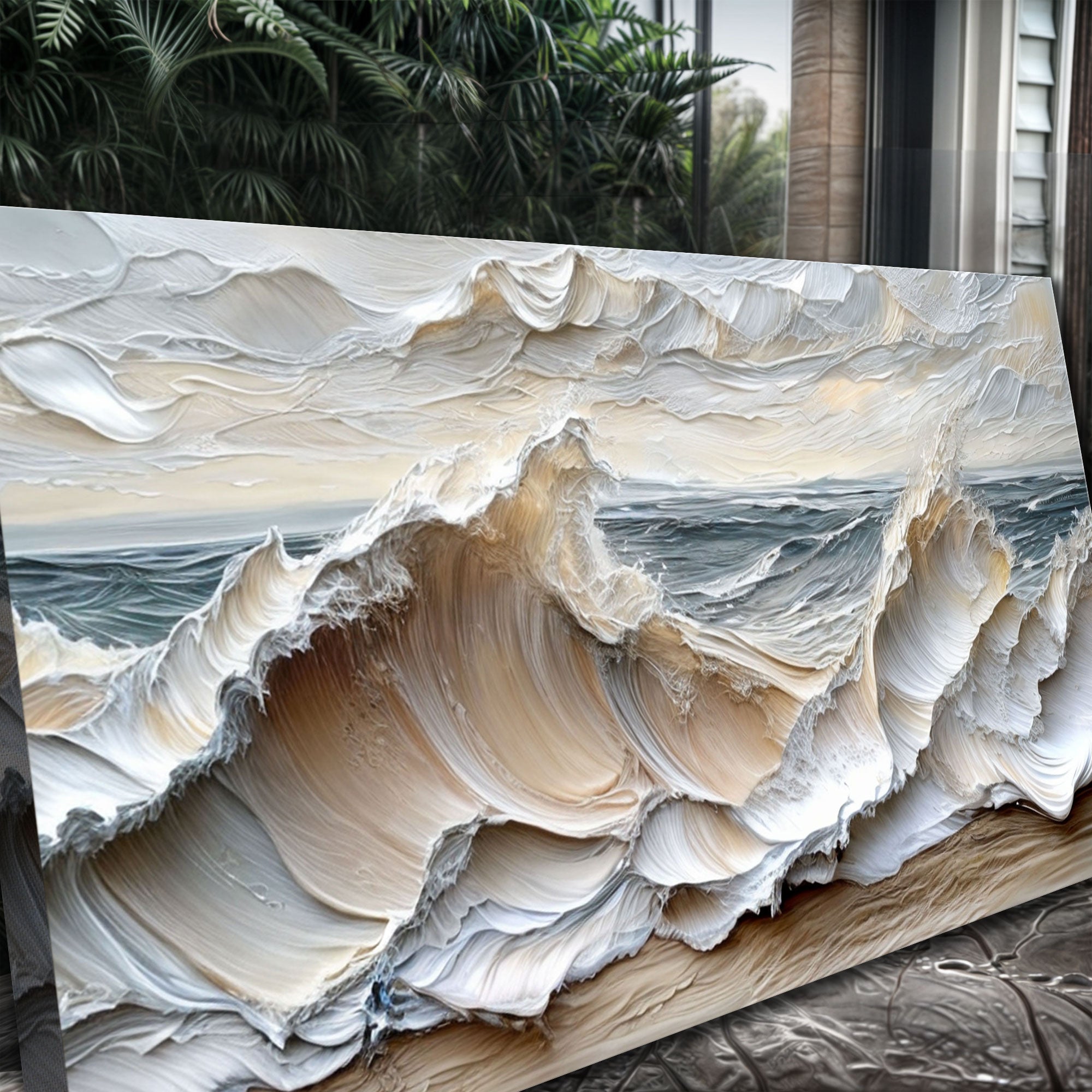 Artistic depiction of ocean waves on a wooden surface with a natural background.