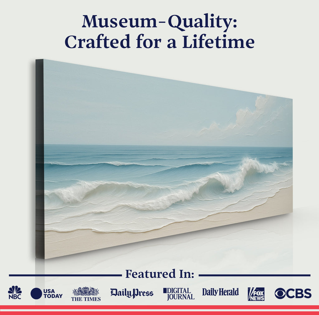 Canvas print of a beach scene with text 'Museum-Quality: Crafted for a Lifetime' and media outlet logos.