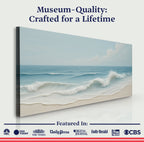 Canvas print of a beach scene with text 'Museum-Quality: Crafted for a Lifetime' and media outlet logos.