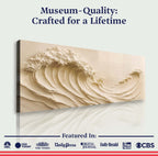 Artistic depiction of waves with text 'Museum-Quality: Crafted for a Lifetime' and media outlet logos at the bottom.