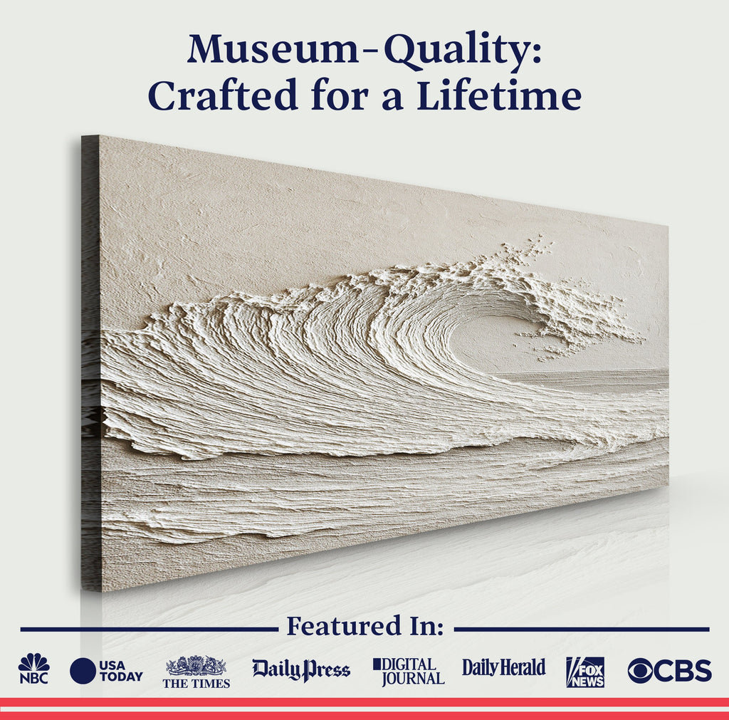 Panel of wave wall art, featuring text 'Museum-Quality: Crafted for a Lifetime' and media outlet logos.
