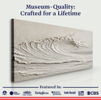 Panel of wave wall art, featuring text 'Museum-Quality: Crafted for a Lifetime' and media outlet logos.