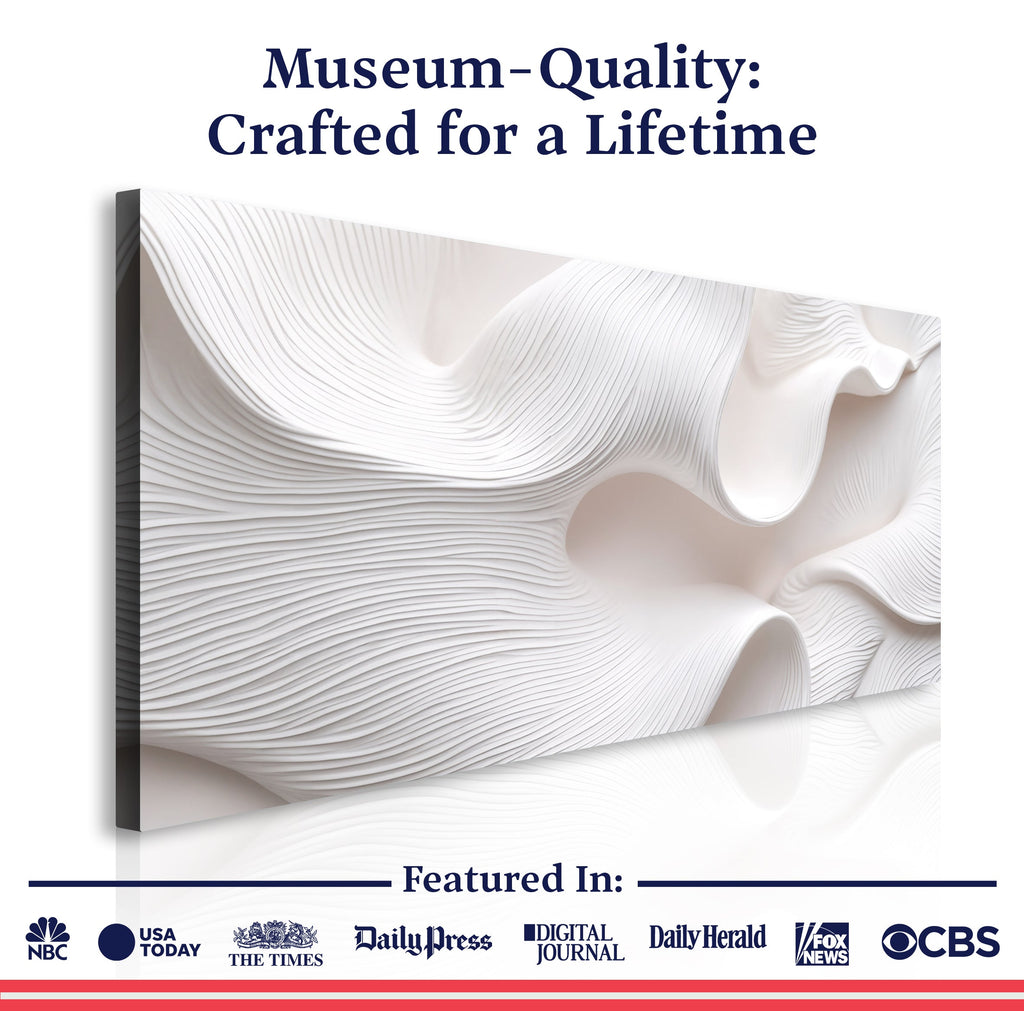 White abstract sculpture with text 'Museum-Quality: Crafted for a Lifetime' and media outlet logos at the bottom.