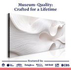 White abstract sculpture with text 'Museum-Quality: Crafted for a Lifetime' and media outlet logos at the bottom.