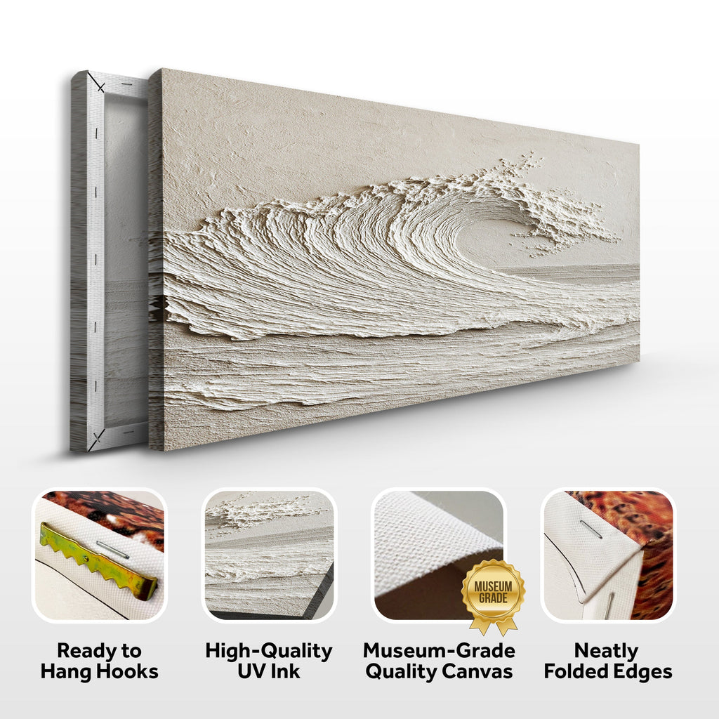 Wall art with wave design on a white background, featuring text about product features.