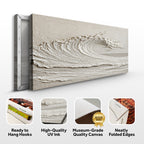 Wall art with wave design on a white background, featuring text about product features.
