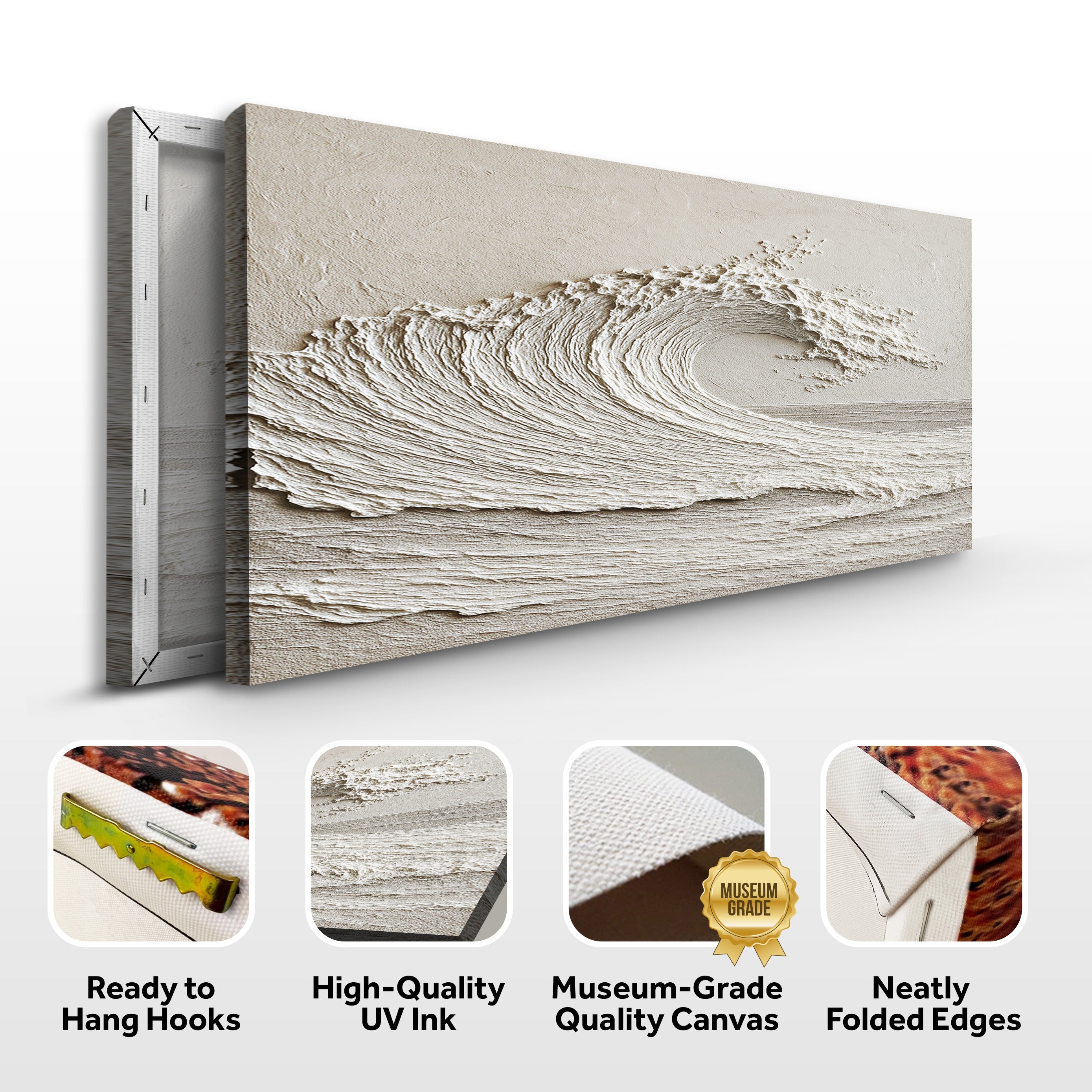 Wall art with wave design on a white background, featuring text about product features.