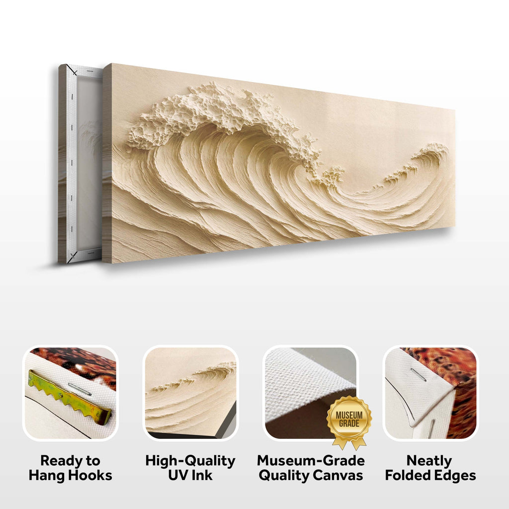 Wall art of waves, featuring ready-to-hang hooks, high-quality UV ink, museum-grade quality canvas, and neatly folded edges.