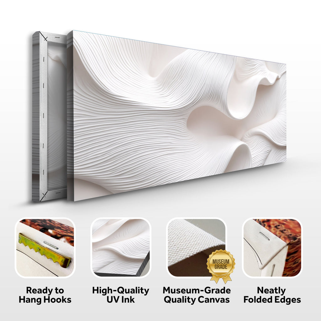 Wall art canvas with wavy design, featuring text on quality and features.