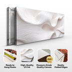 Wall art canvas with wavy design, featuring text on quality and features.