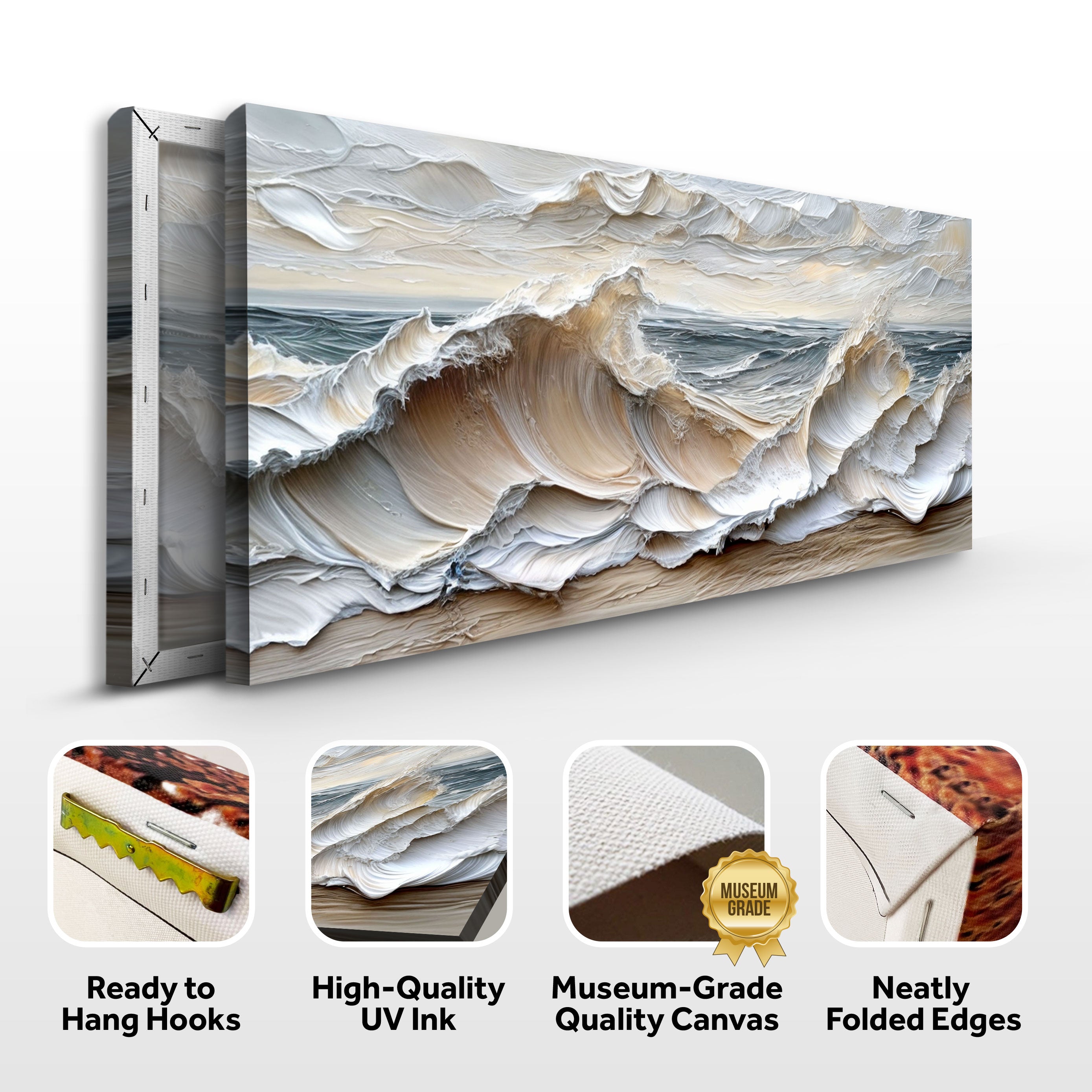 Canvas print of ocean waves with quality features highlighted on a white background