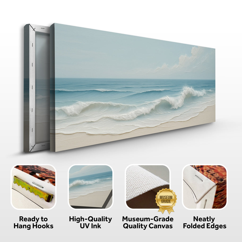 Canvas print of a beach scene with ocean waves, featuring text about product features.