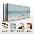 Canvas print of a beach scene with ocean waves, featuring text about product features.
