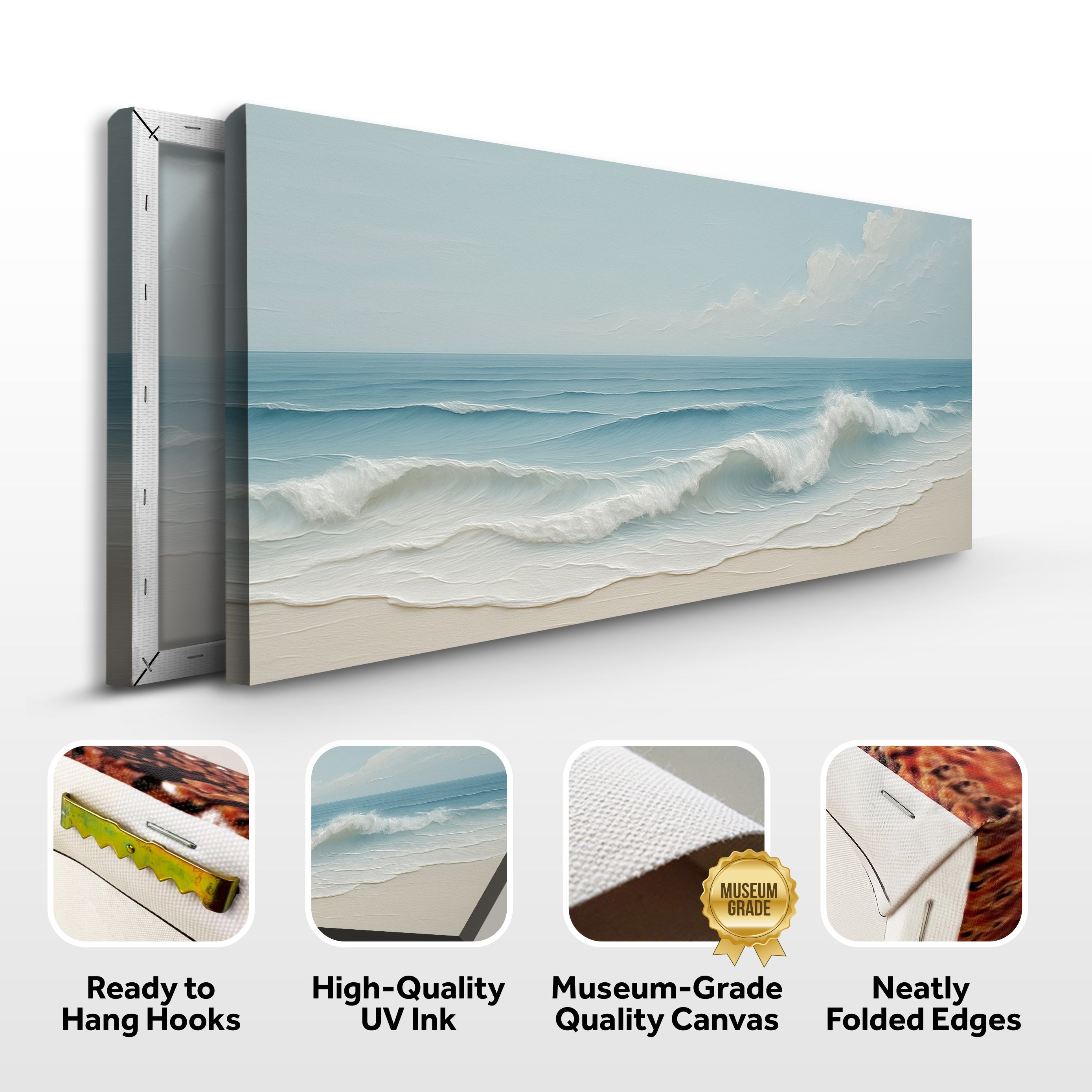 Canvas print of a beach scene with ocean waves, featuring text about product features.