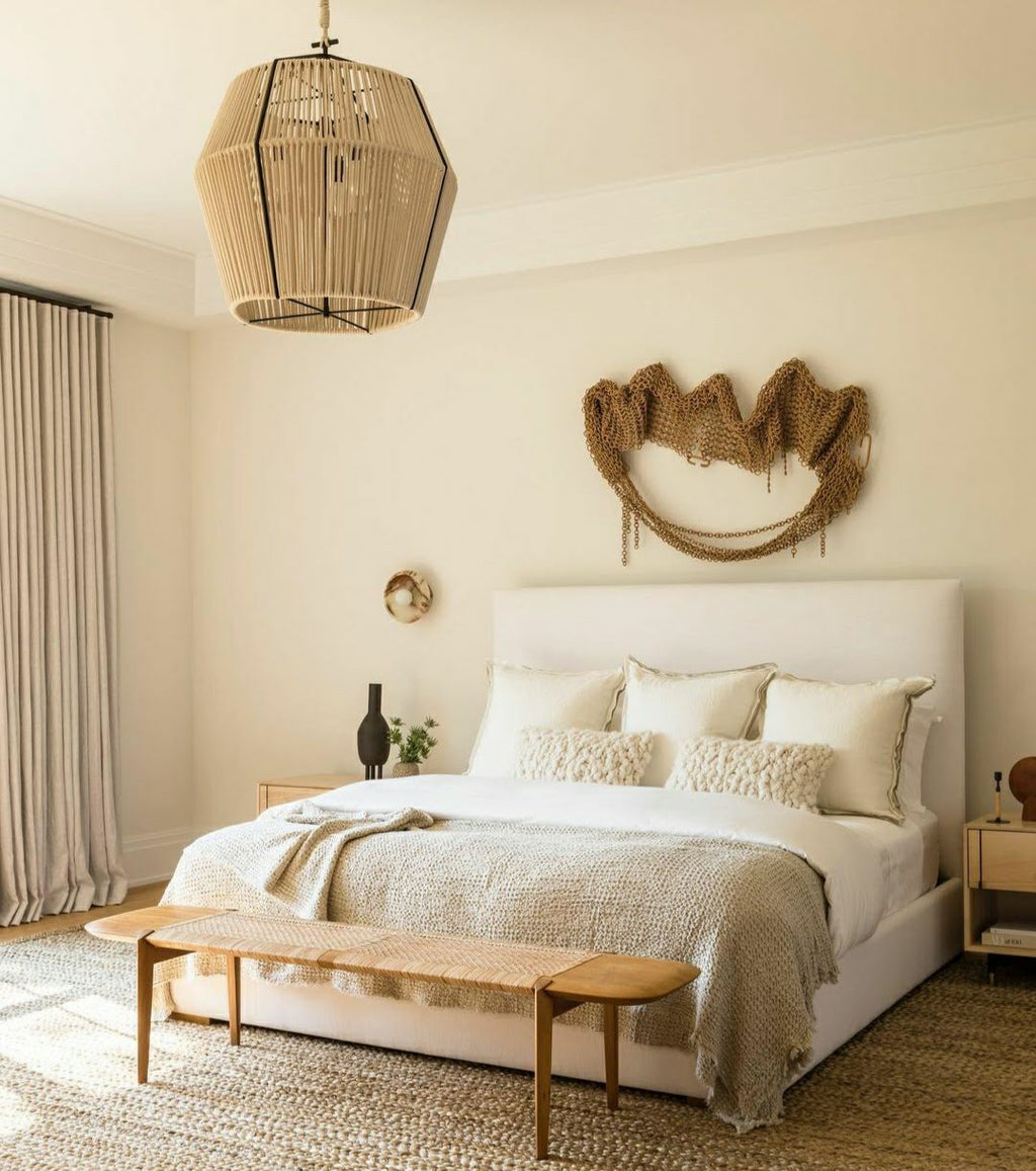 Cozy bedroom with a bed, bench, and decorative pillows