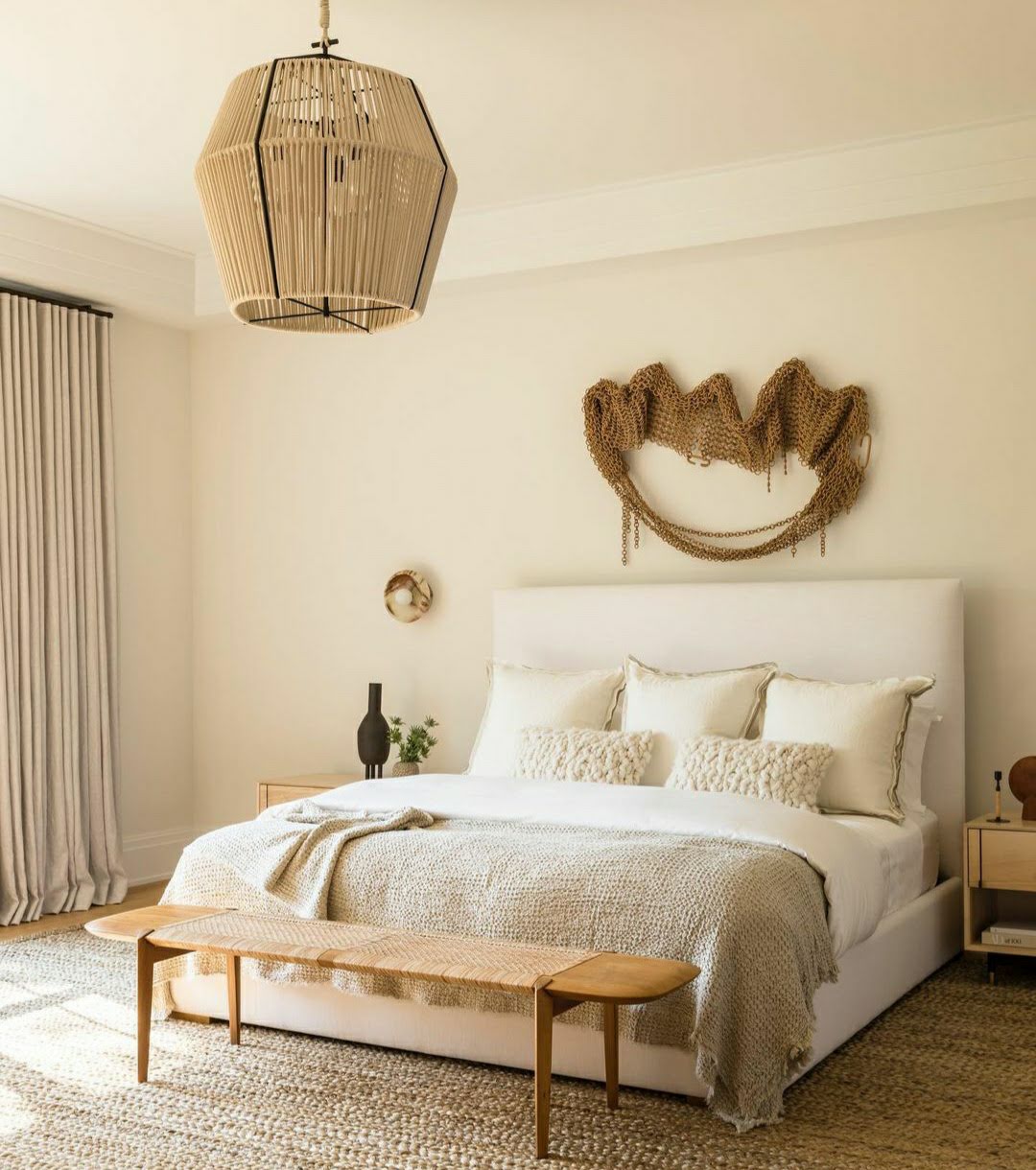 Cozy bedroom with a bed, bench, and decorative pillows
