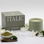 Matcha Bloom candle with 'Italic' packaging on a white background