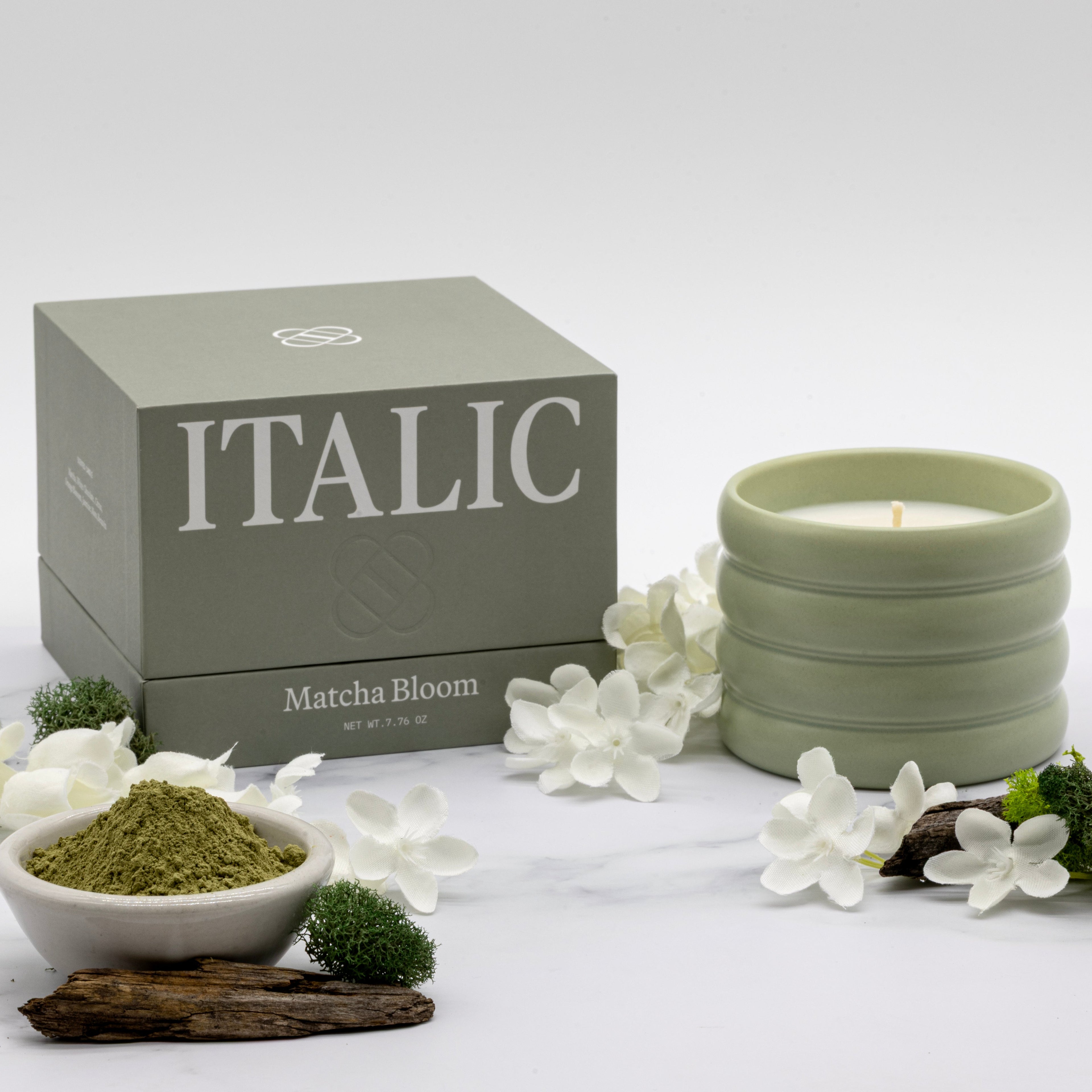 Matcha Bloom candle with 'Italic' packaging on a white background