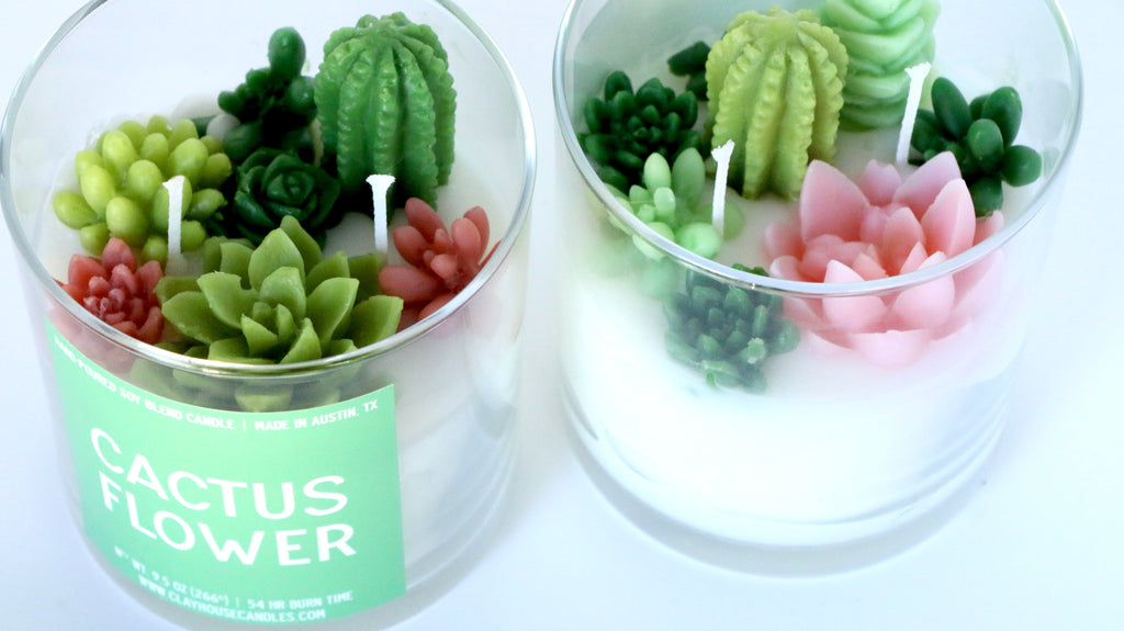 Two cactus-shaped candles in glass jars with a visible label on a white background.