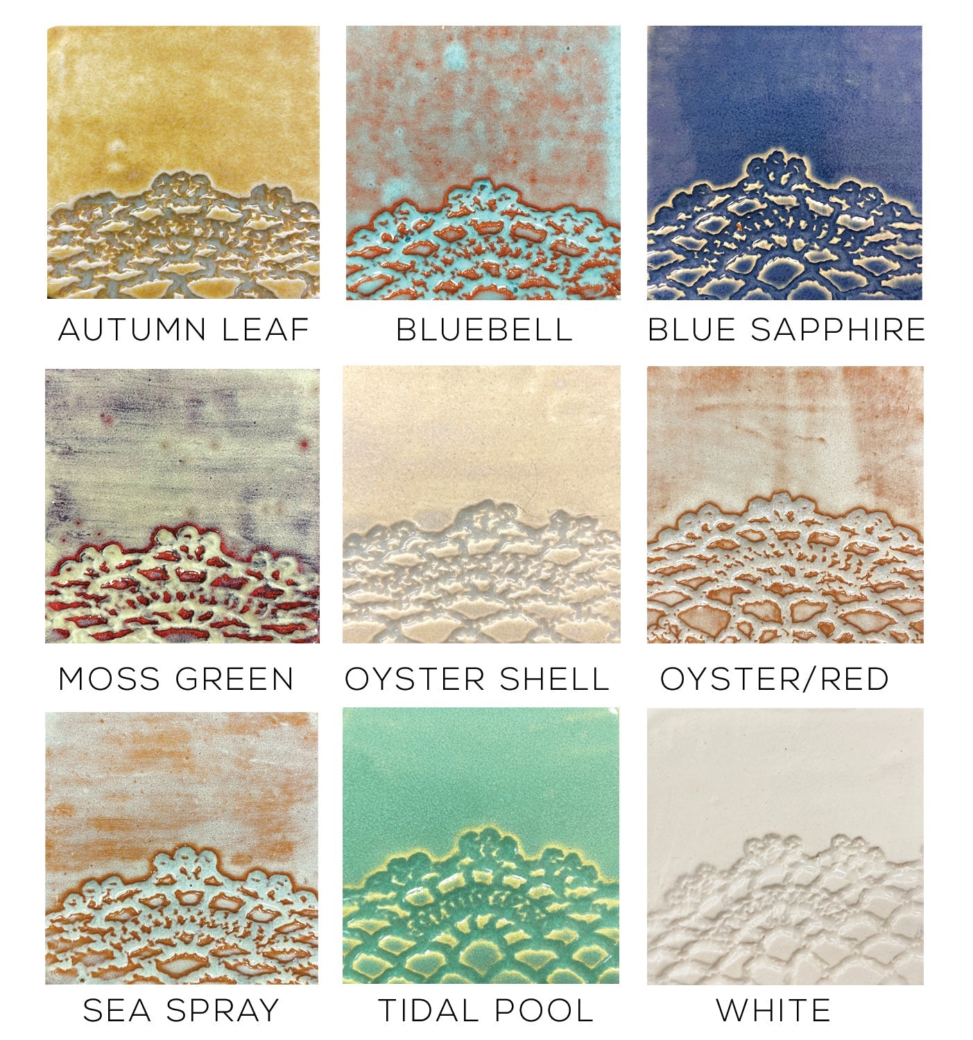 Collection of textured tiles in various colors with labels underneath.