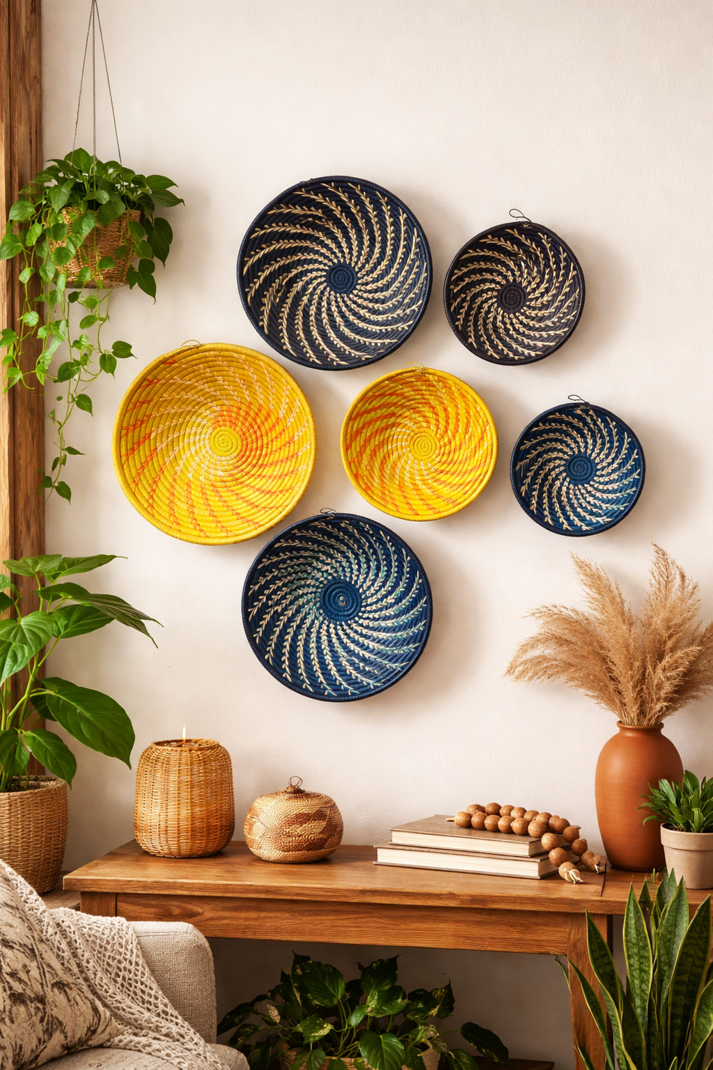 Decorative wall baskets with spiral patterns on a white wall, with plants and a wooden console table in the foreground.