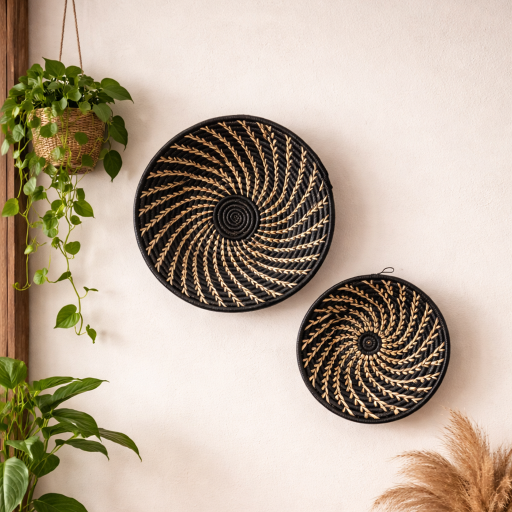 Decorative wall baskets on a wall with plants and a shelf below.