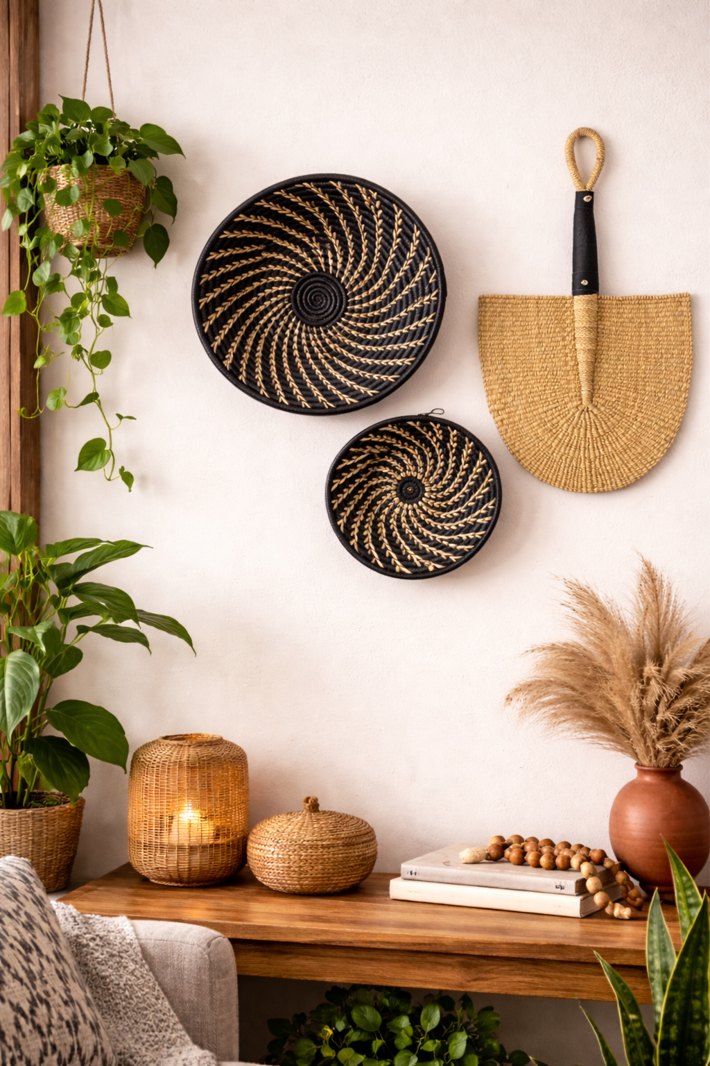 Decorative wall art with woven baskets and plants on a white wall.