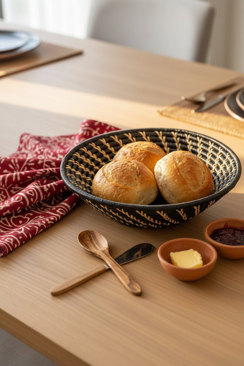 Bread rolls in a black woven basket on a wooden table with butter and jam.