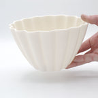 White ceramic bowl held by a hand on a light gray background