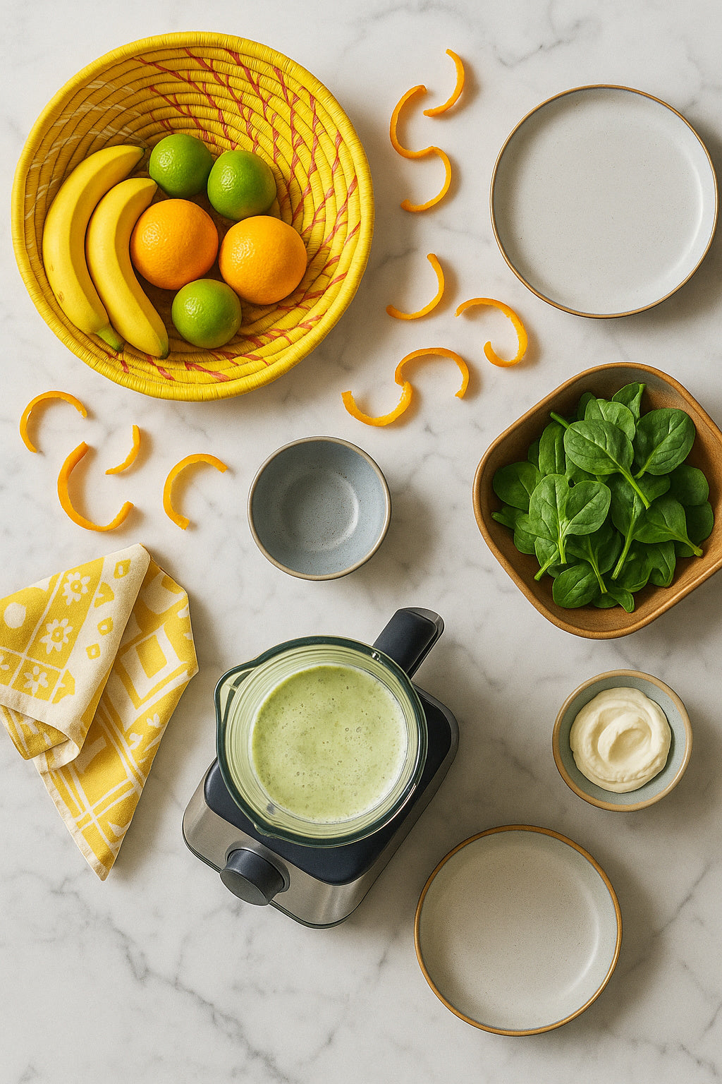 Green smoothie in a blender with ingredients like bananas, oranges, and spinach on a marble surface.