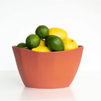 Terracotta bowl filled with lemons and limes on a white background