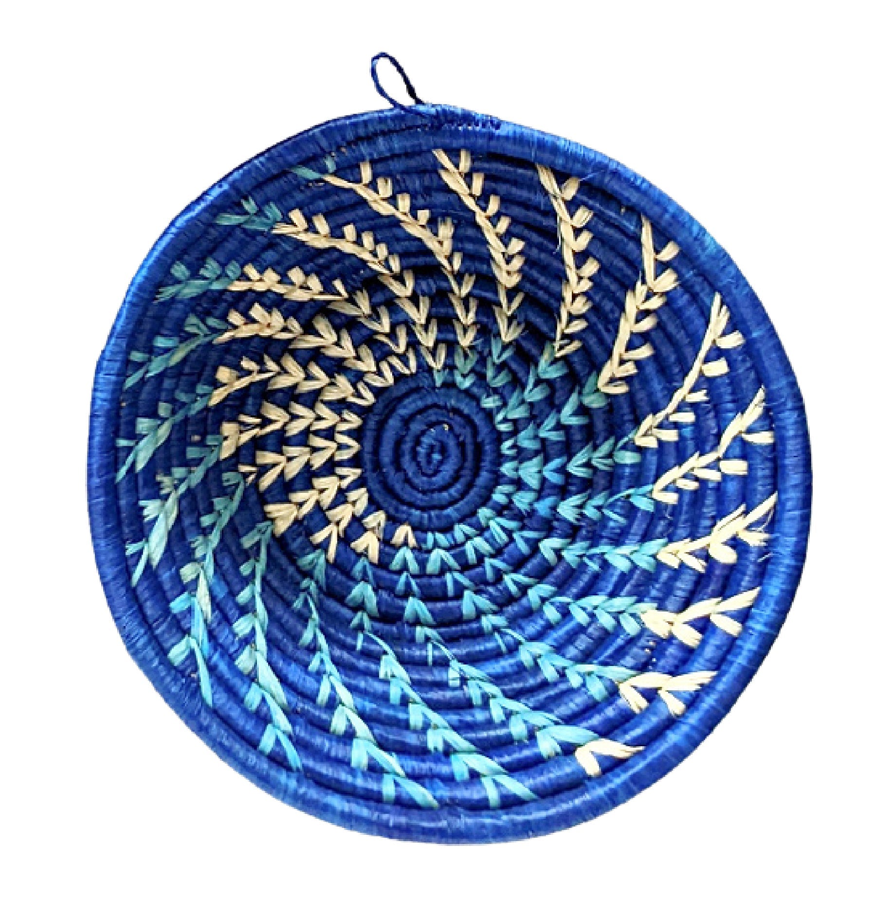 Round woven mat with blue and green spiral design on a white background